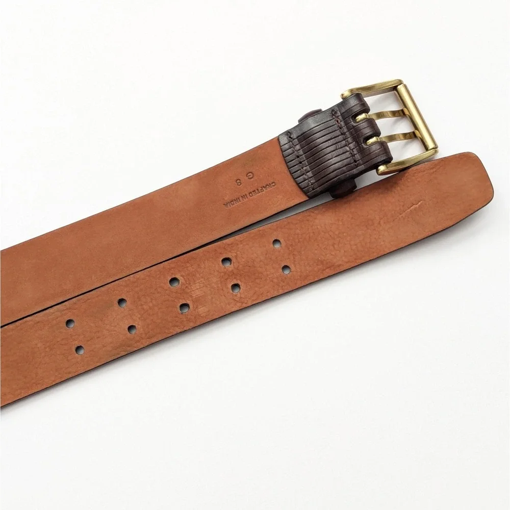 Cole Haan Mens 36 Brown Etched Leather Belt Solid Brass Buckle Double Prong